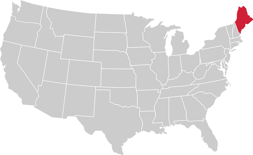 United States map with state of Maine highlighted in Red