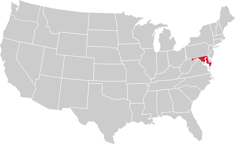 United States map with state of Maryland highlighted in Red
