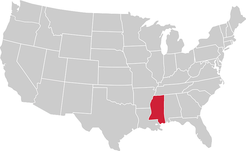 United States map with state of Mississippi highlighted in Red