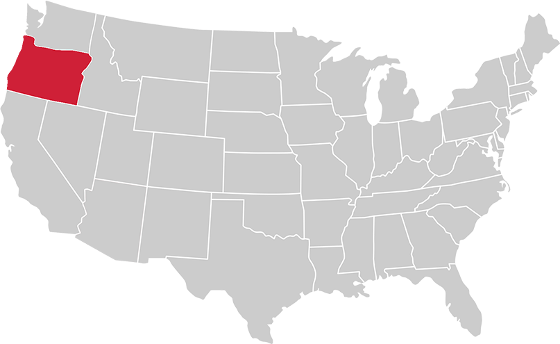 United States map with state of Oregon highlighted in Red