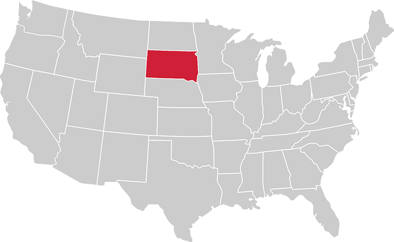 United States map with state of South Dakota highlighted in Red