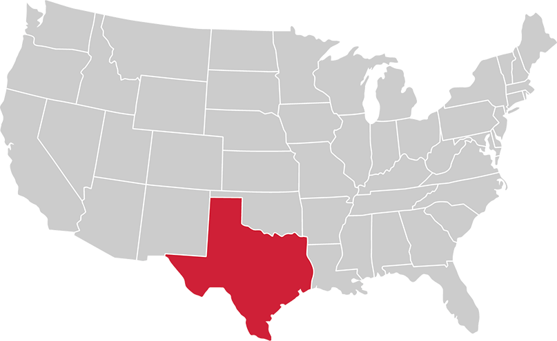 United States map with state of Texas highlighted in Red