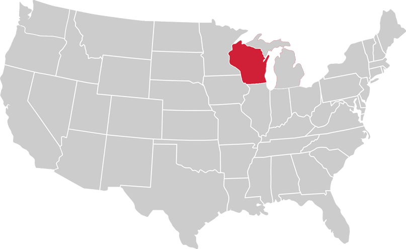 United States map with state of Wisconsin highlighted in Red