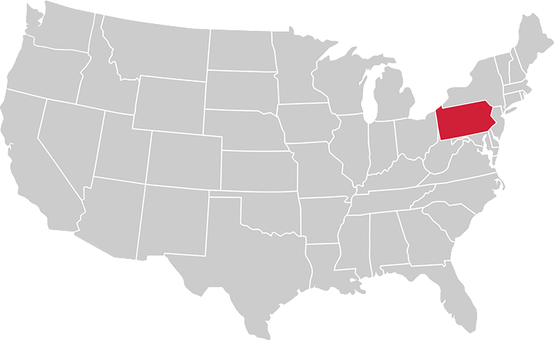 United States map with state of Pennsylvania highlighted in Red